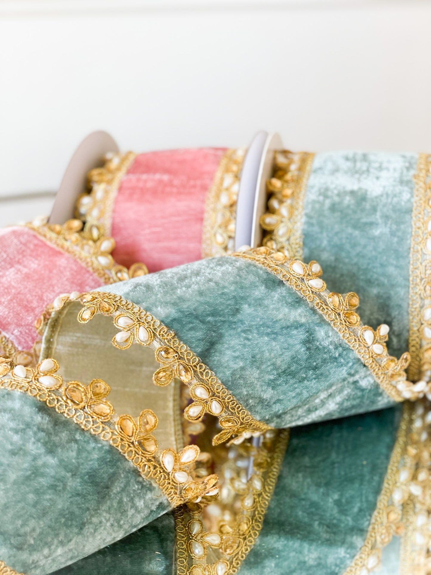 Celadon Velvet Ribbon With Pearl Edge 4”x5yd