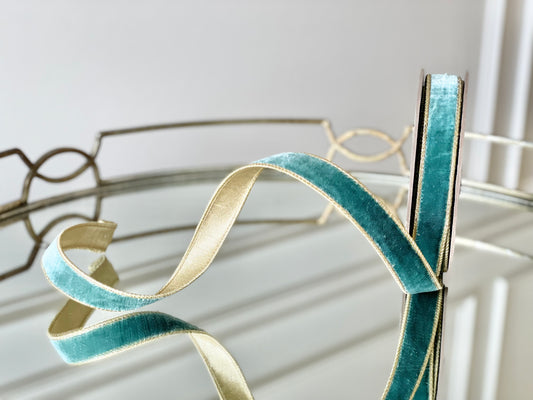 Celadon Slim Lush Velvet Ribbon with Gold Trim & Backing