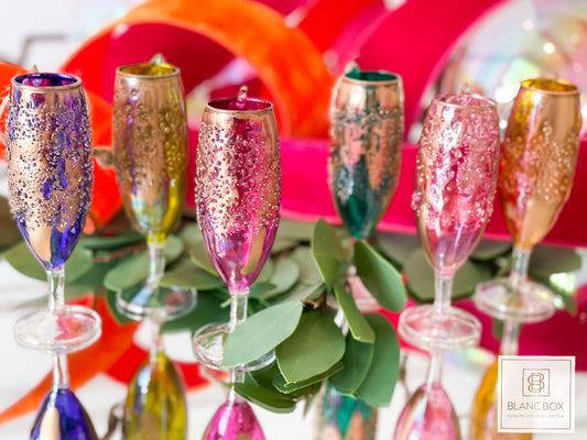 Six Glitterville 4.5” Assorted Glass Gold Stumble Champagne Flute Ornaments