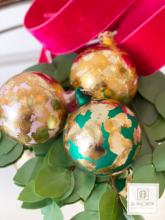 Three Glitterville 4” Assorted Gold Patch Glass Ornaments