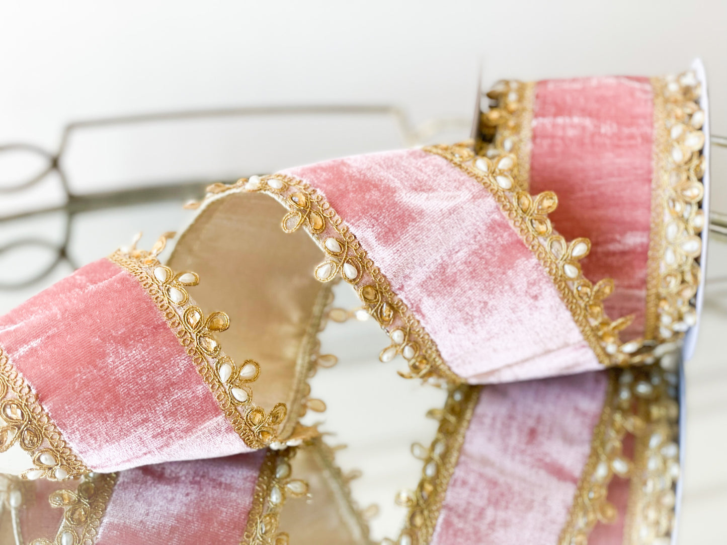 Pink Velvet Ribbon With Pearl Edge