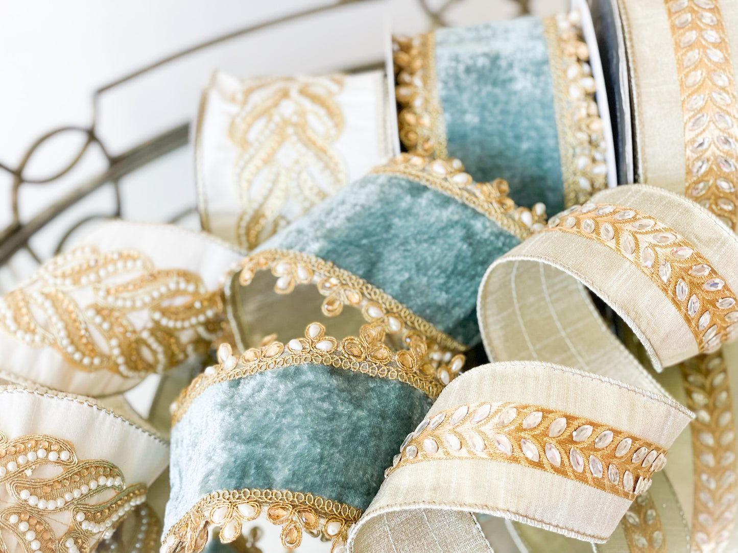 Celadon Velvet Ribbon With Pearl Edge