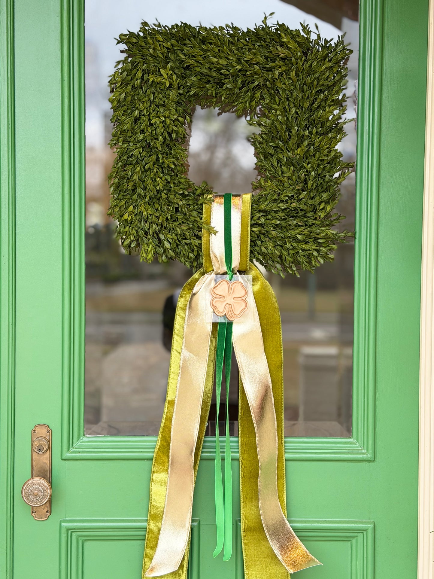 Gilded Clover Tea Leaf Wreath | Luxury St. Patrick’s Day Wreath with Velvet Bow & Clover Charm