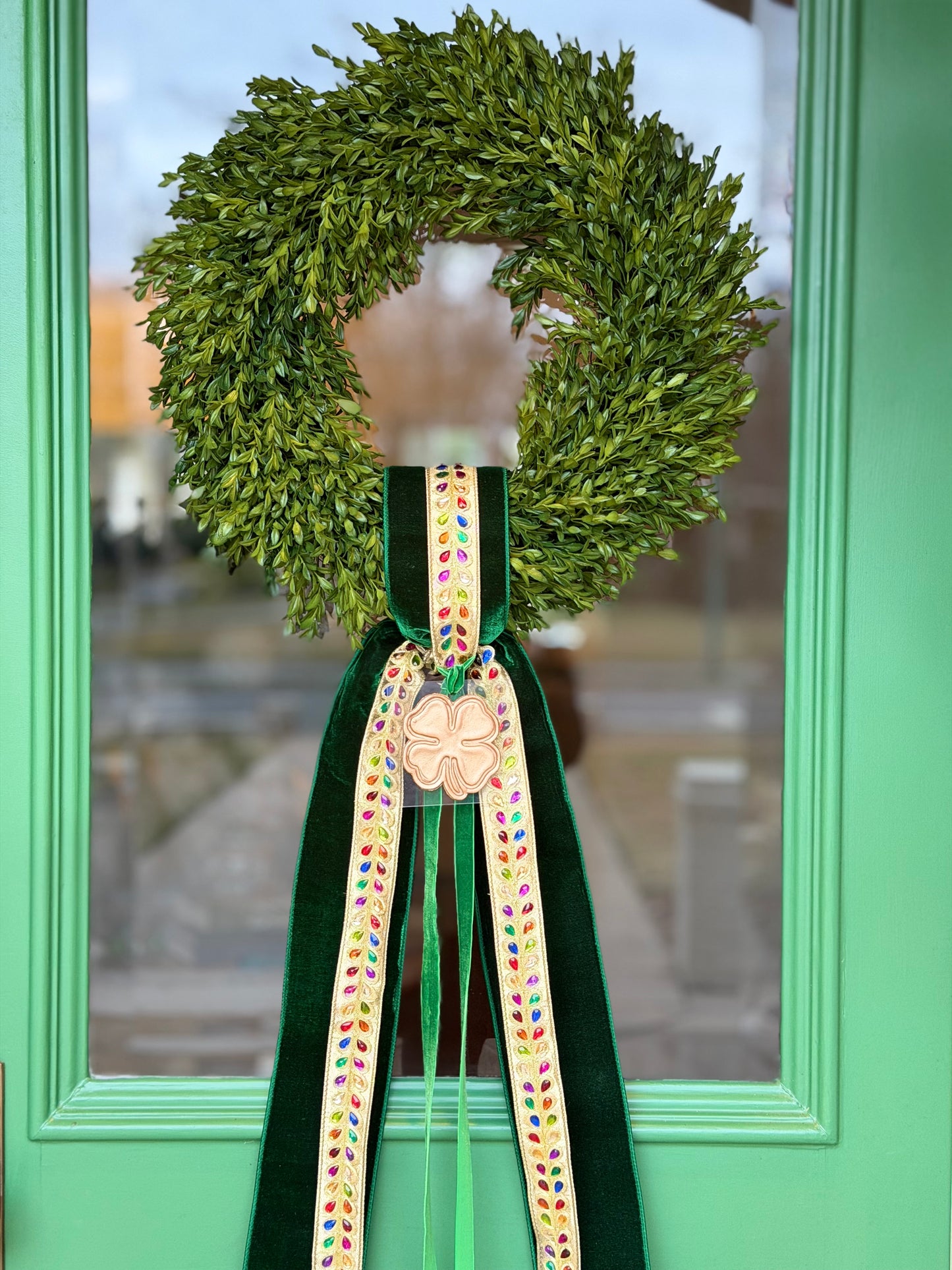 Emerald Jewel Clover Tea Leaf Wreath | Luxury St. Patrick’s Day Wreath with Jeweled Ribbon & Velvet Bow