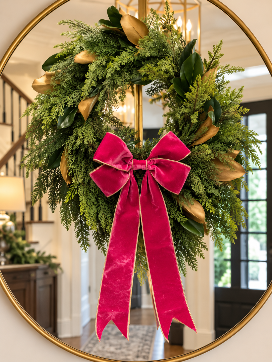 24’ Magnolia Leaf, Willow, Pine Wreath with a Bubble Gum Pink Bow