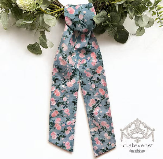 Poplin Pale Pink Watercolor Roses Sash, Pink Blue