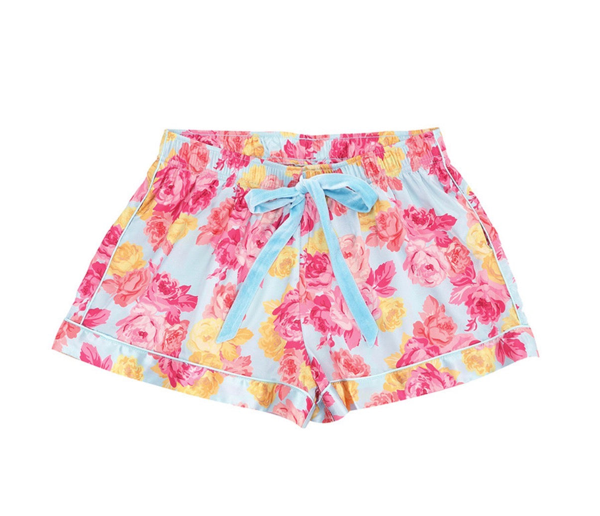 BELLA SLEEP + SPA  , Short Sleeve PJ Set with Velvet Tie - Blue + Rose Floral- Small