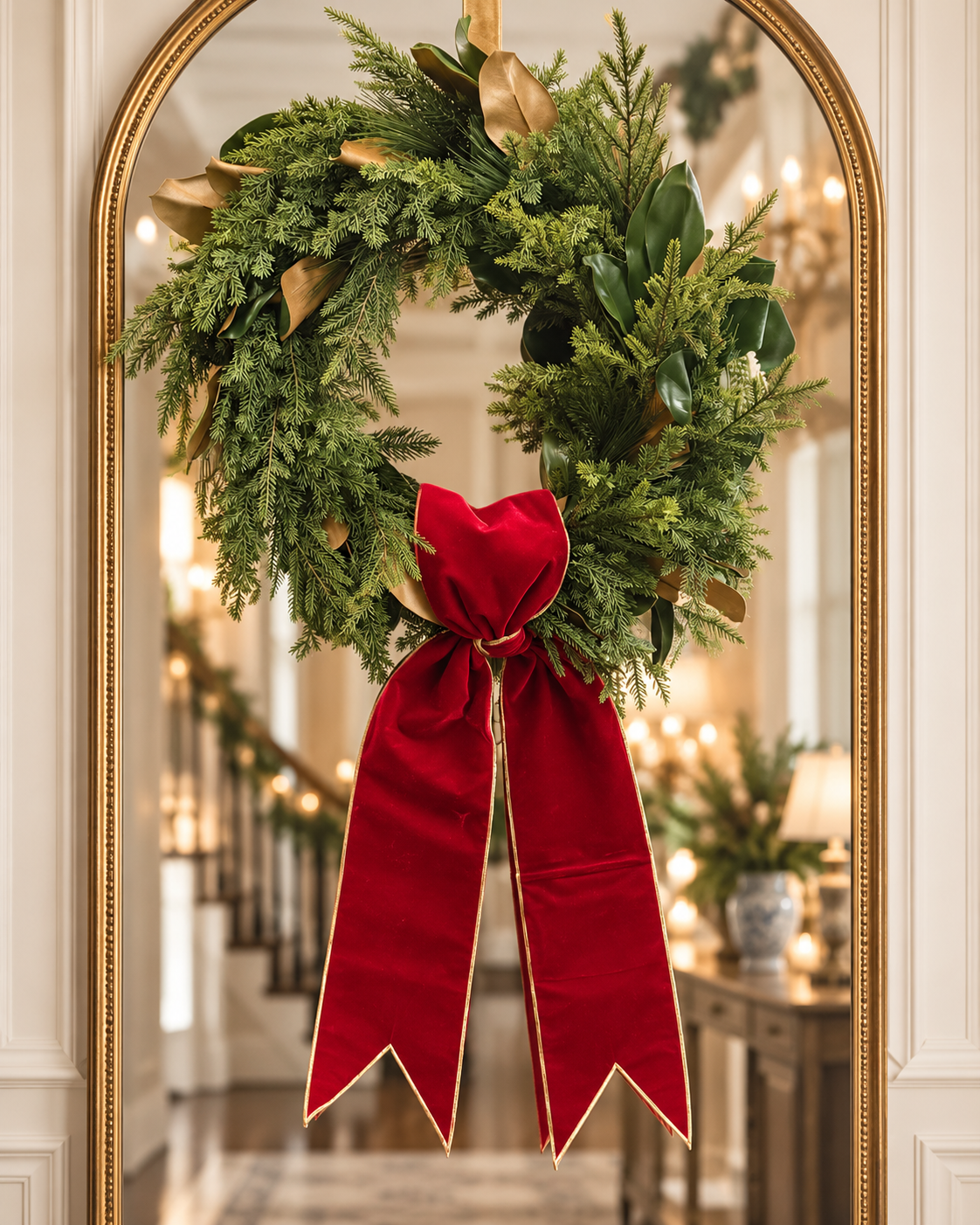 24’ Magnolia Leaf, Willow, Pine Wreath with a Candy Apple Red Sash