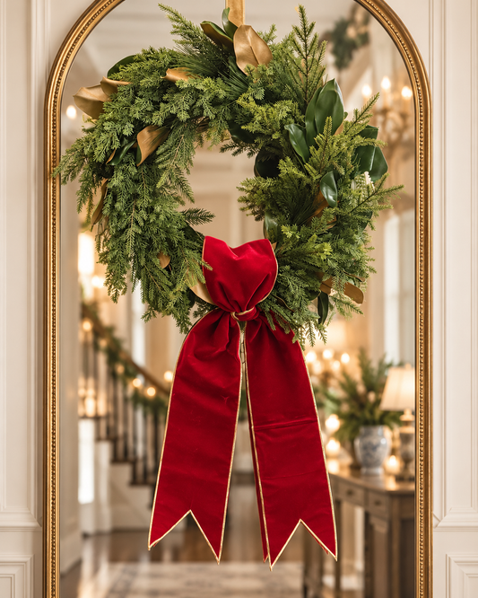 24’ Magnolia Leaf, Willow, Pine Wreath with a Candy Apple Red Sash