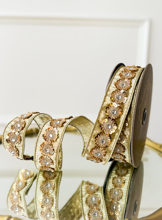 Gold Sequin Floral Dupioni Ribbon