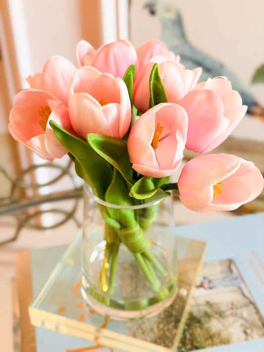 Real Touch Tulips in Glass Vase with Acrylic Water (3 Colors)