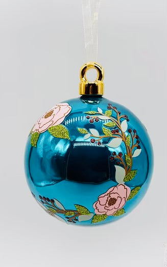 100mm hand-blown glass ball painted roses ornament, dark teal