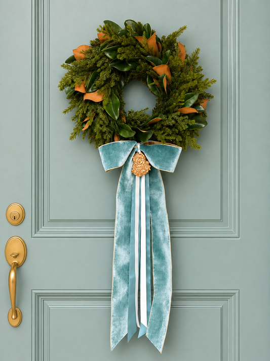 Blanc Box × Seasonal Home Stylist Heritage Magnolia Wreath & Bow- Celadon Velvet (Preorder)