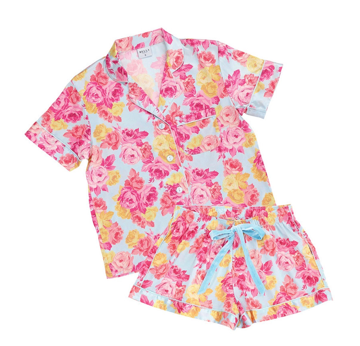 BELLA SLEEP + SPA  , Short Sleeve PJ Set with Velvet Tie - Blue + Rose Floral- Small