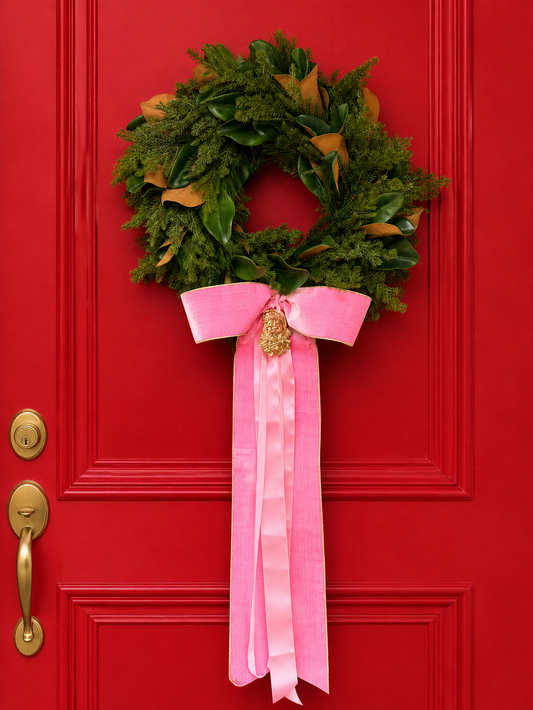 Blanc Box × Seasonal Home Stylist Heritage Magnolia Wreath & Bow- Bubble Gum Velvet (Preorder)