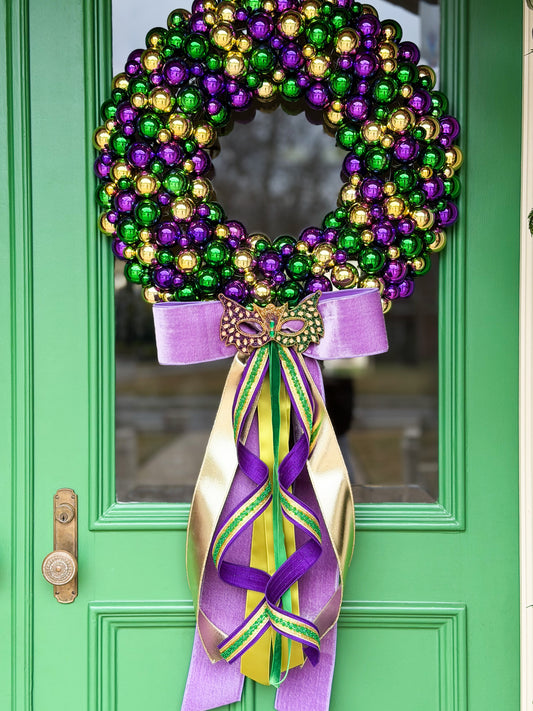 Maison de Masque Mardi Gras Wreath | Designer Beaded Ornament Wreath with Velvet Bow