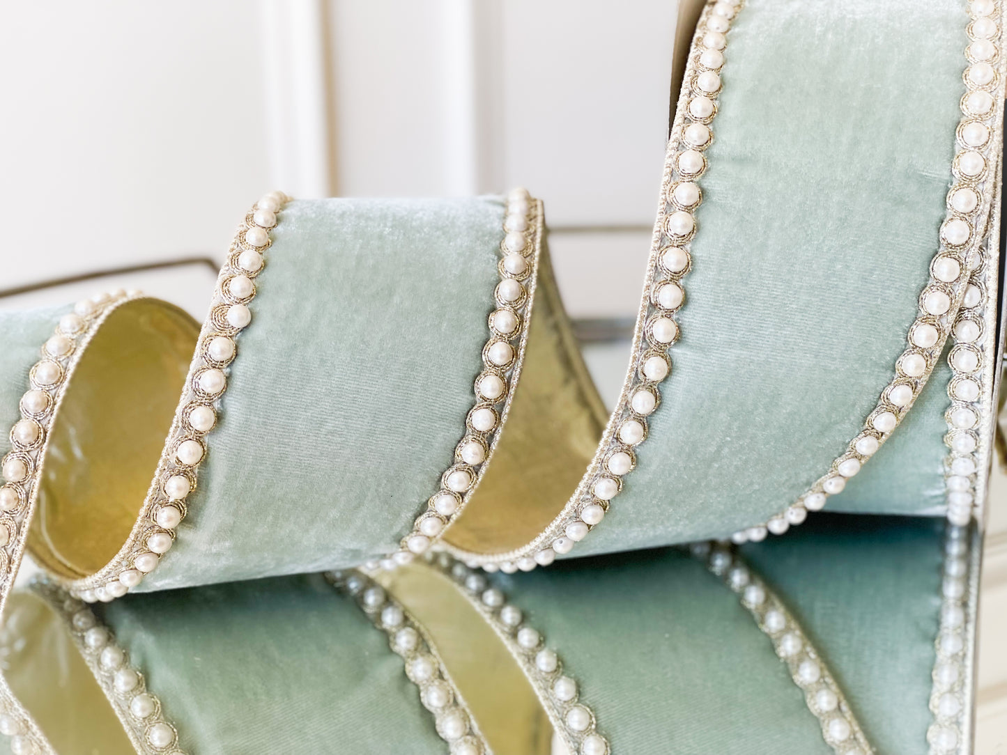 Seafoam Velvet With Pearl Border Ribbon