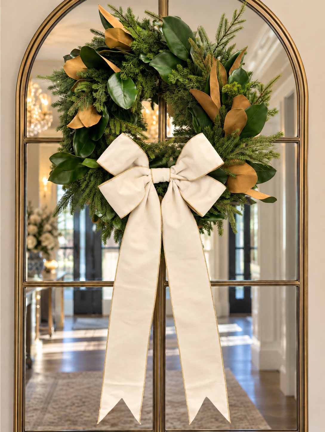 24’ Magnolia Leaf, Willow, Pine Wreath with Ivory Bow