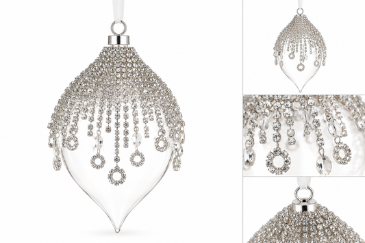 6.5” Clear & Silver Diamond Tassel Glass Finial Ornament
