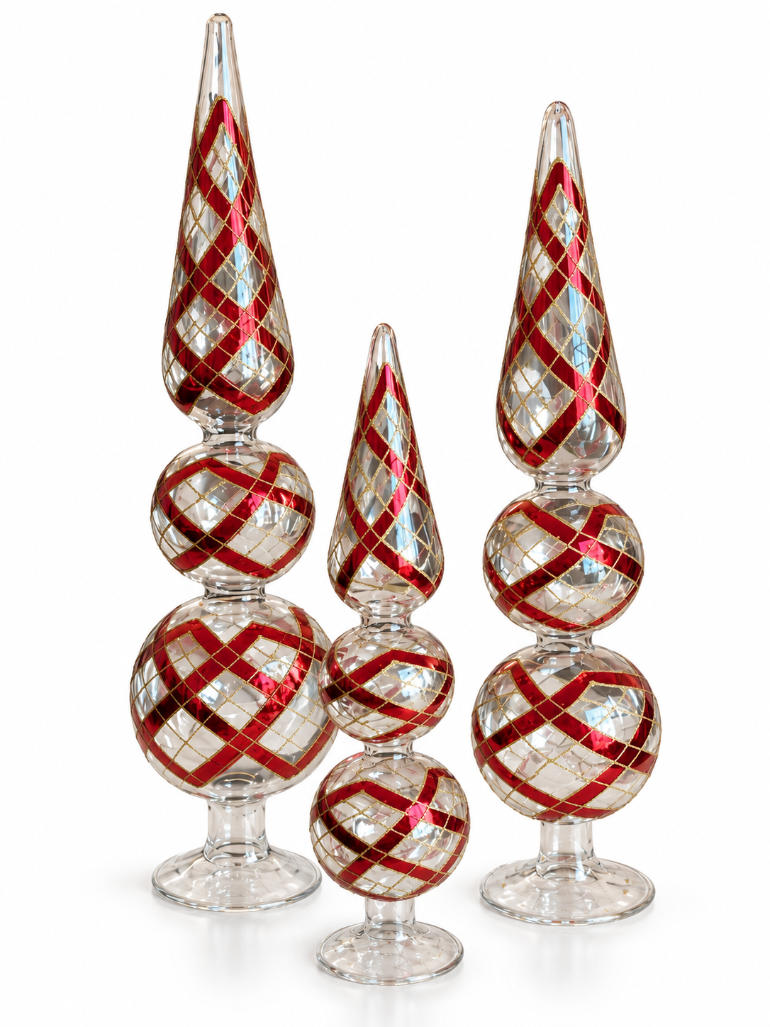 Set of 3 Clear Glass Two-Ball Finials – Burgundy & Gold Plaid