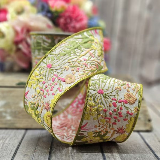 Jacquard Mix Floral, Green Yellow Pink Ribbon