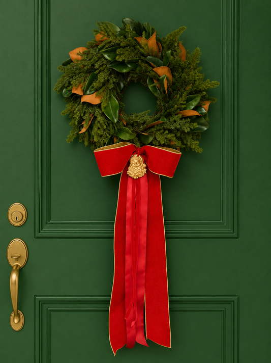 Blanc Box × Seasonal Home Stylist Heritage Magnolia Wreath & Bow- Crimson Velvet (Preorder)