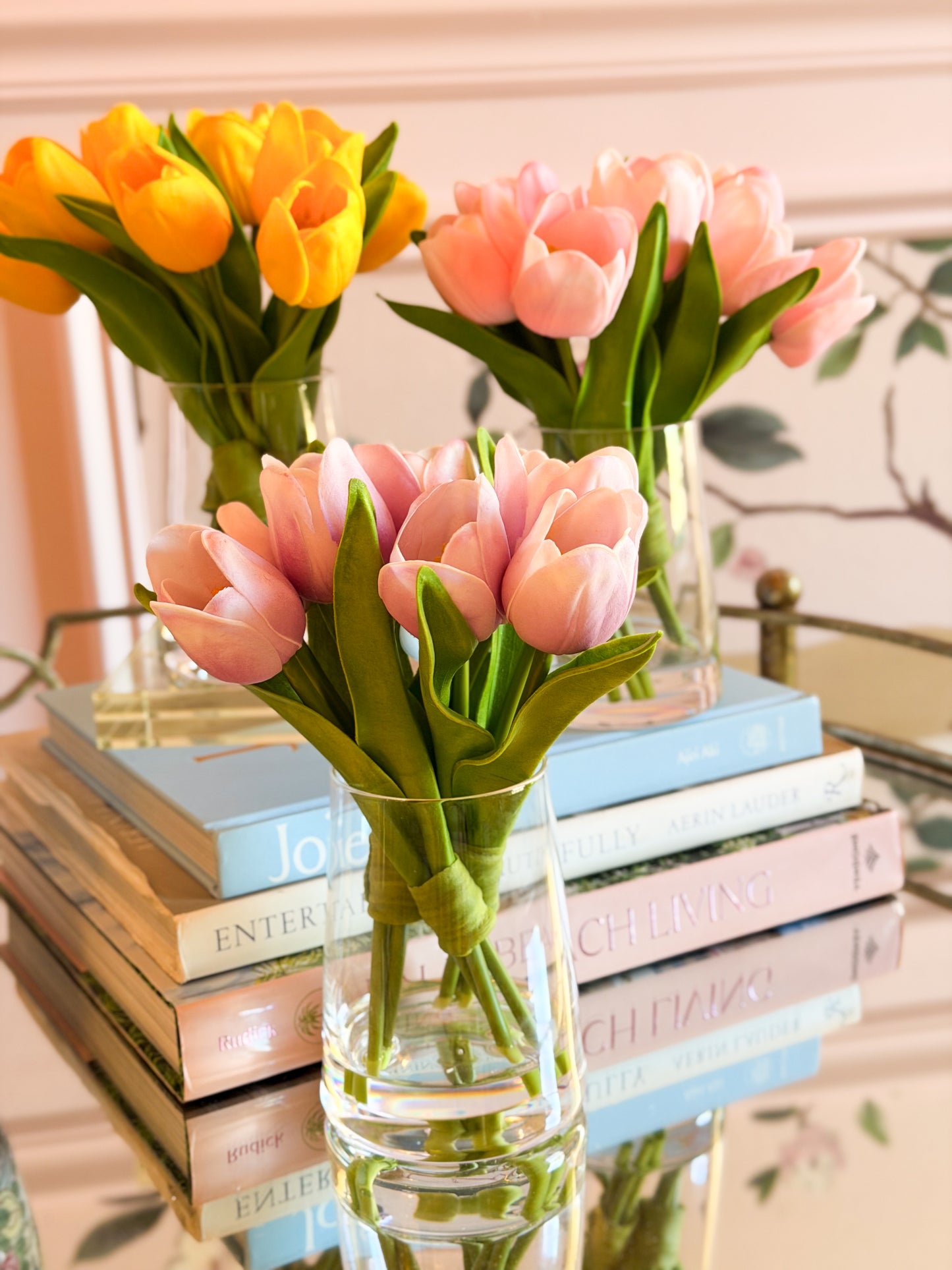 Real Touch Tulips in Glass Vase with Acrylic Water (3 Colors)