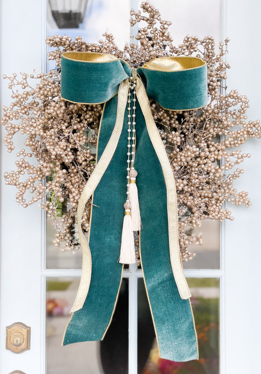 The Celadon  Noel Champagne Berry Wreath And Bow With Pearl Tassel