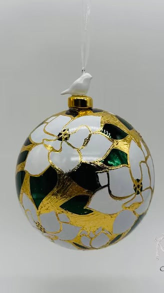 120mm hand-blown glass ball hand painted magnolia flowers ornament, green