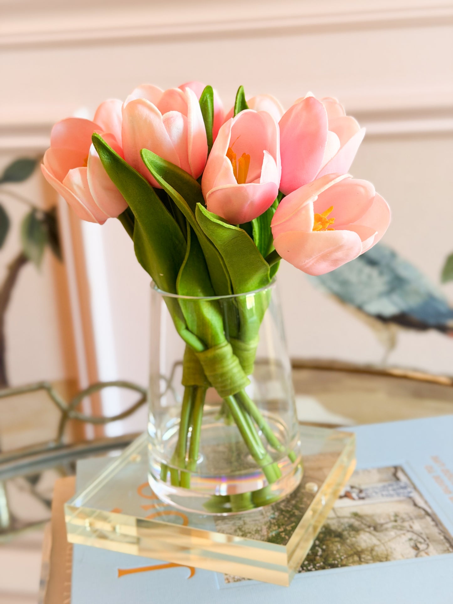 Real Touch Tulips in Glass Vase with Acrylic Water (3 Colors)