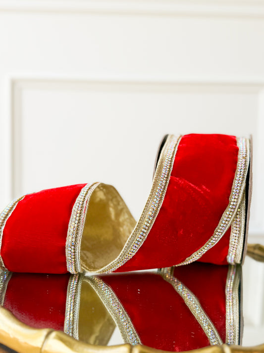 Red Velvet Ribbon With Crystal Trim And Gold Backing