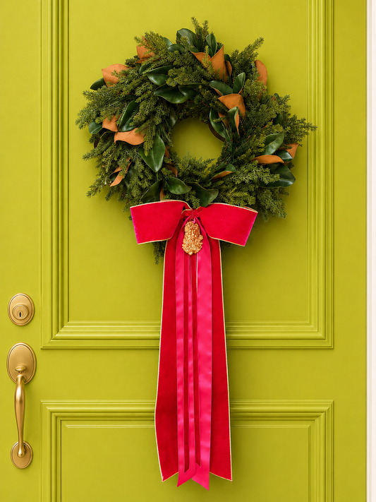 Blanc Box × Seasonal Home Stylist Heritage Magnolia Wreath & Bow- Fuchsia Velvet (Preorder)