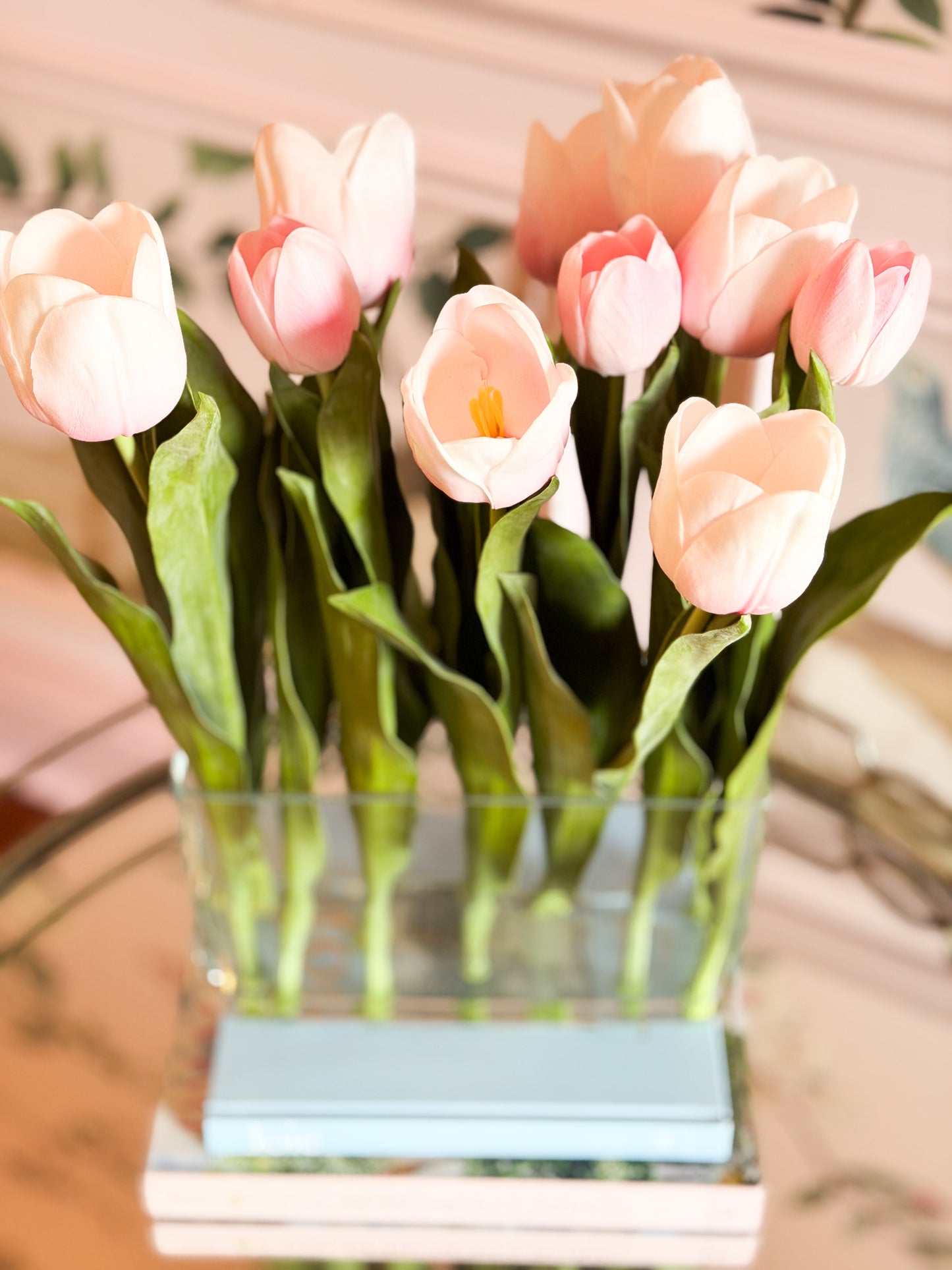 Heirloom Tulips In Glass Vase-11.5”