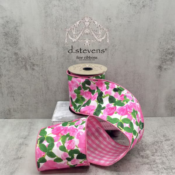 Linen Lady in Pink Rose Garden, Pink White Checkered Back Ribbon