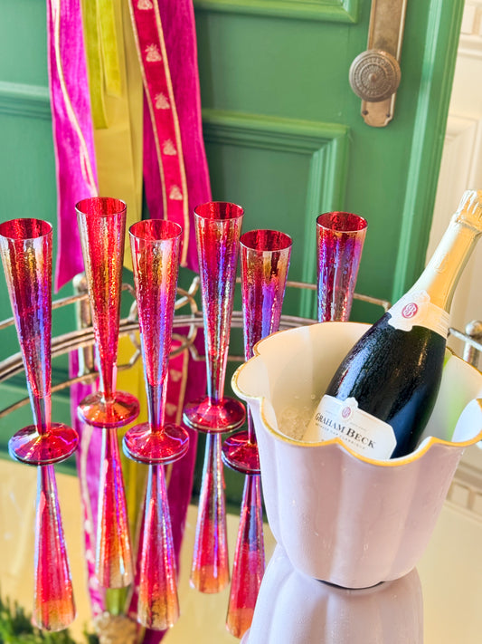 Set Of 2 Red Iridescent Champagne Flutes