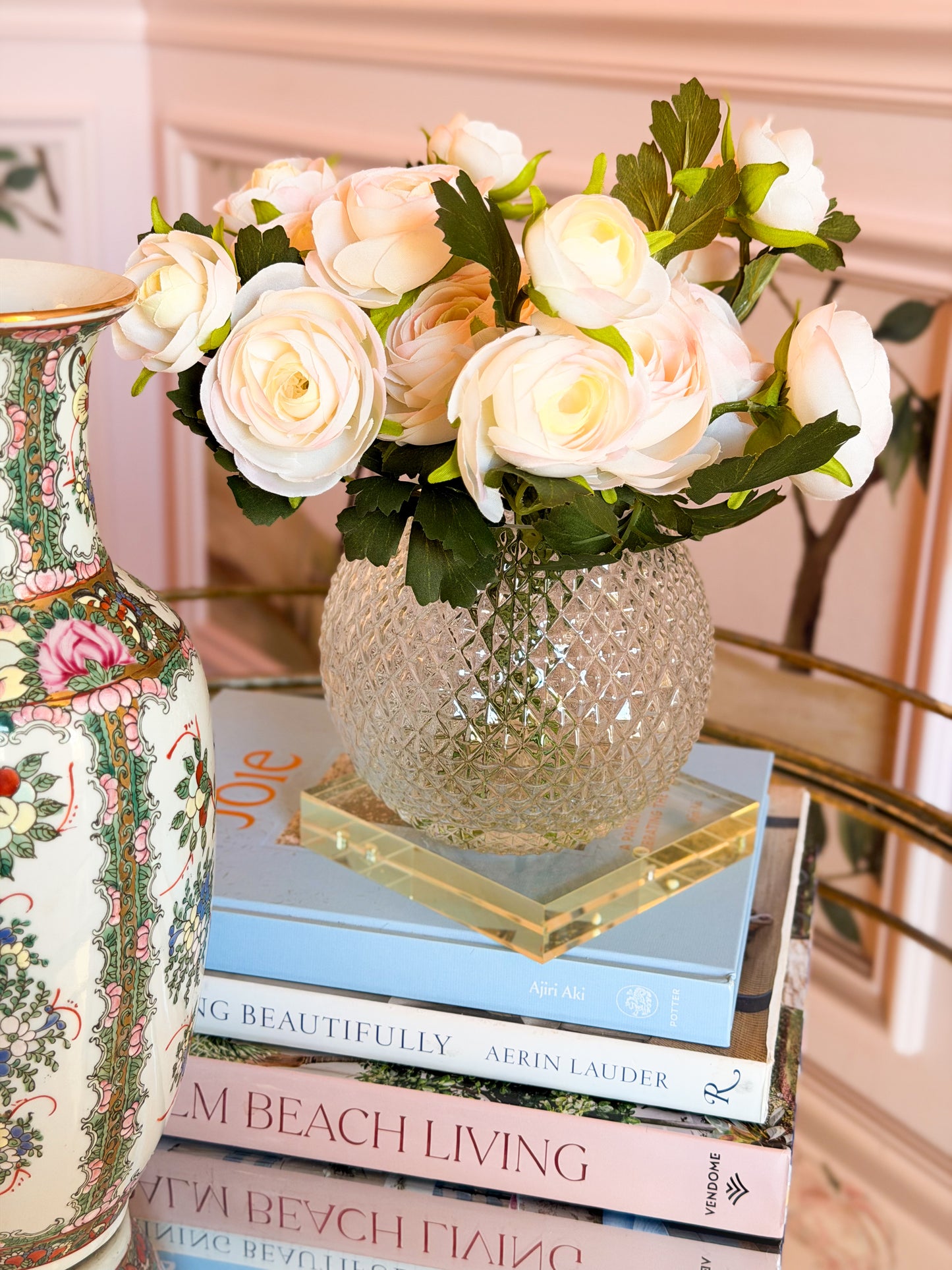 11” Cream & Blush Ranunculus in Glass Vase