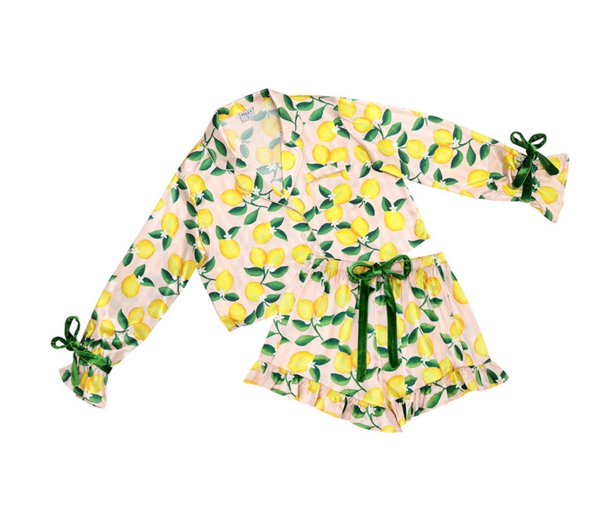 BELLA SLEEP + SPA.   Long Sleeve Cropped Ruffled Top + Ruffled Short PJ Set with Velvet Ties - Pink Stripes + Lemons- Small
