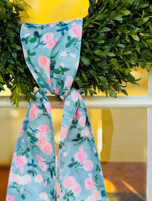 Poplin Pale Pink Watercolor Roses Sash, Pink Blue