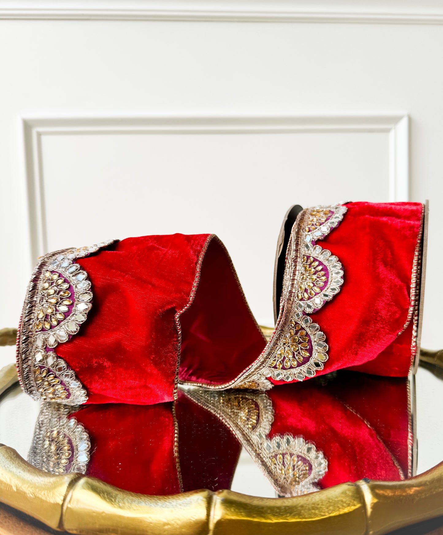 Red Velvet Ribbon With Crystal Scalloped Trim