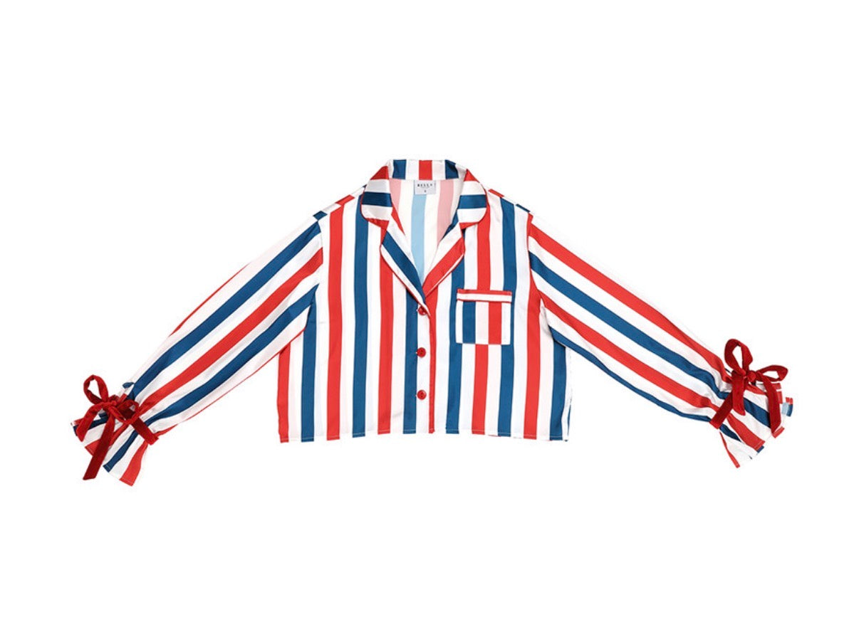 BELLA SLEEP + SPA.   Long Sleeve Cropped Ruffled Top + Ruffled Short PJ Set with Velvet Ties - Red, White + Blue Stripe, Small