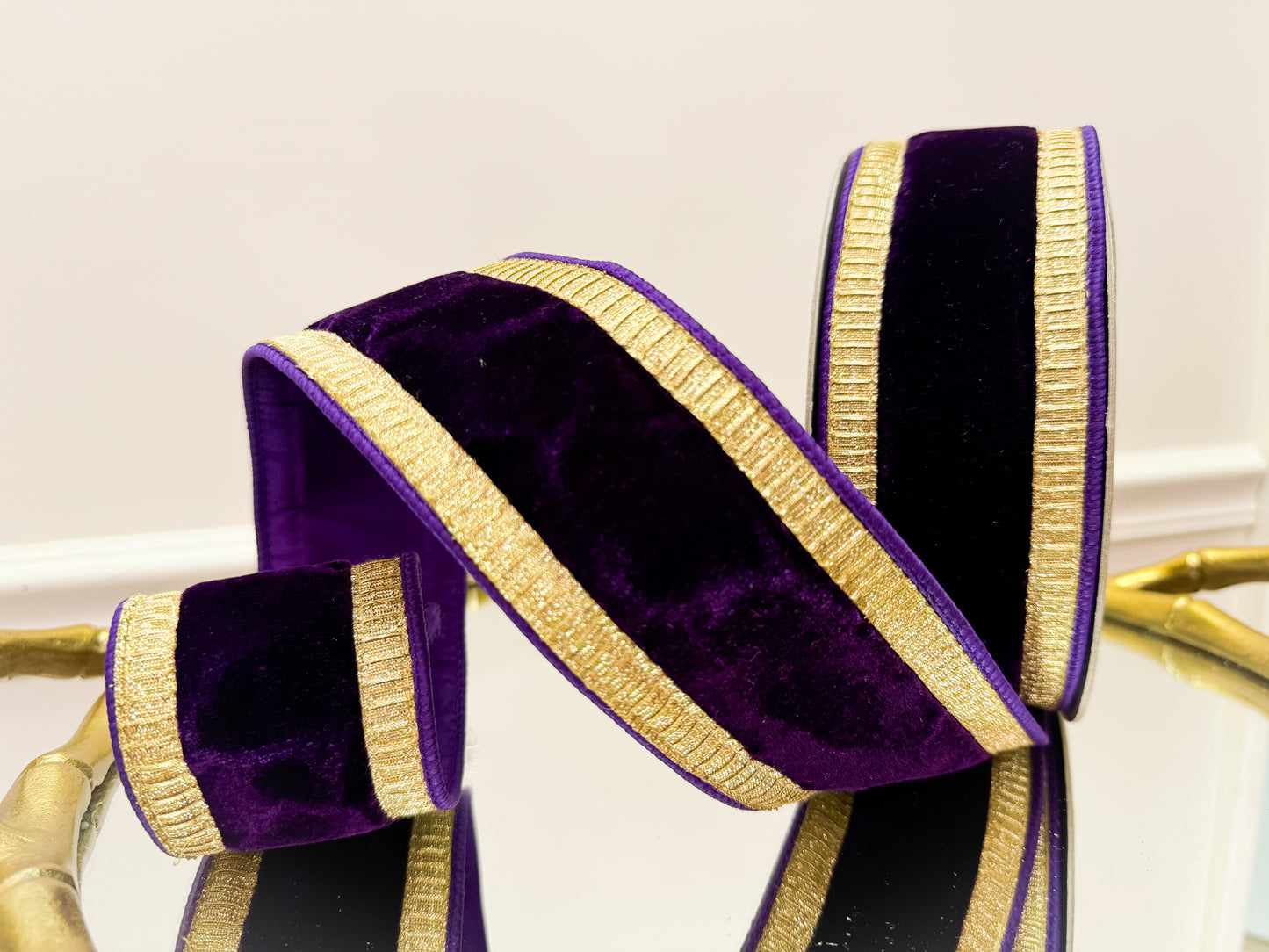 Purple Gold Velvet Pleated Border Ribbon