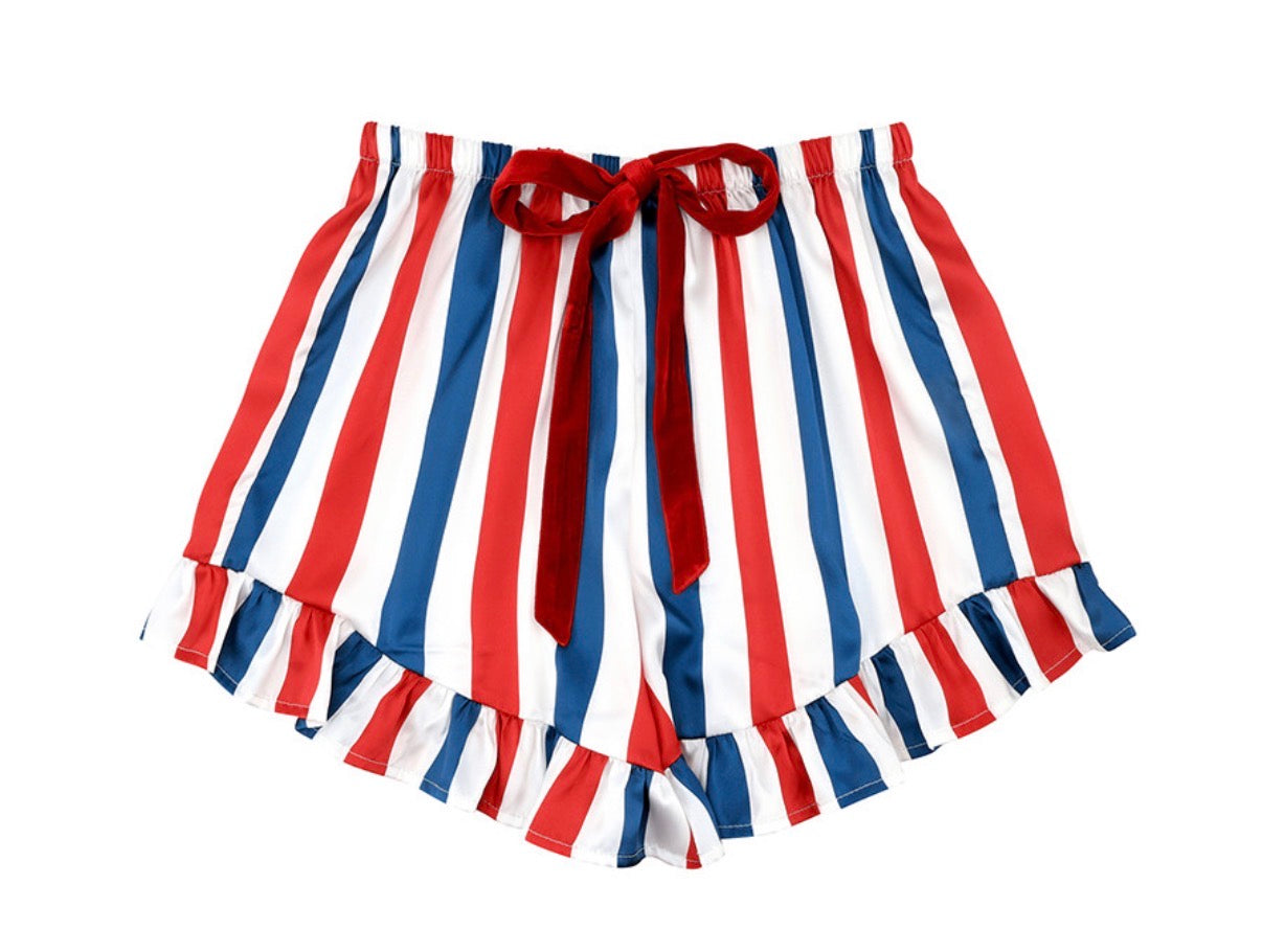 BELLA SLEEP + SPA.   Long Sleeve Cropped Ruffled Top + Ruffled Short PJ Set with Velvet Ties - Red, White + Blue Stripe, Small