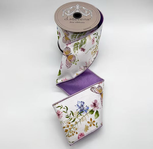 Taffeta Spring Foral Garden Butterflies, Green Lavender Ribbon