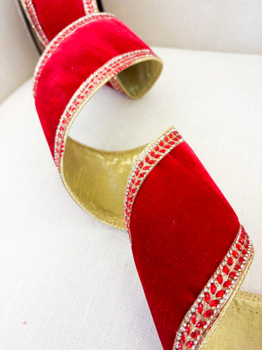 Crimson Luxe Velvet Ribbon with Beaded Gold Trim