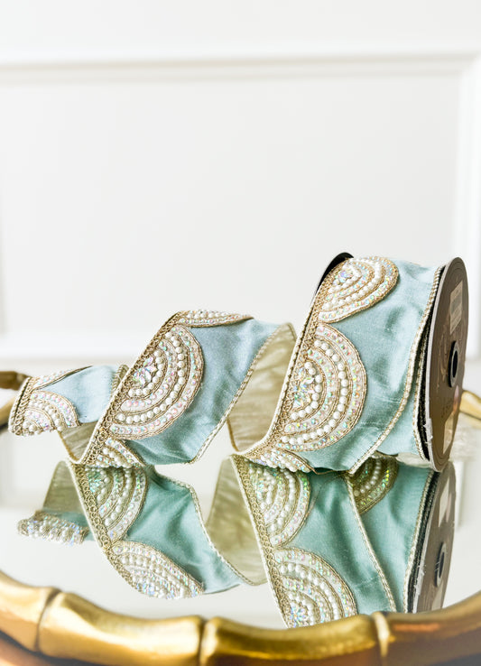 Sea Foam Pearl And Rhinestone Scalloped Dupioni Ribbon