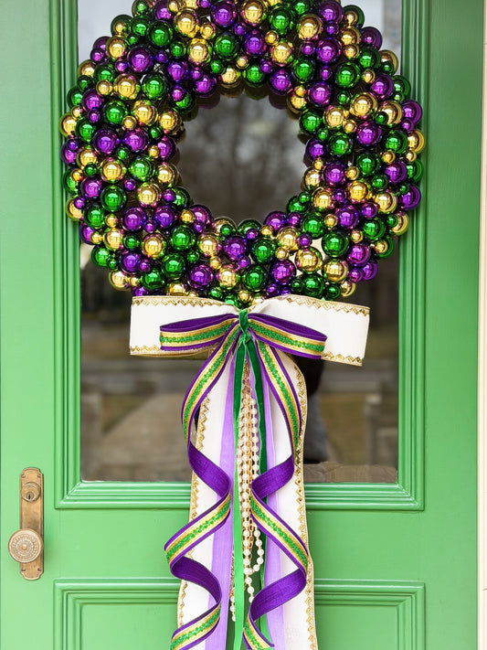 Maison de Perle Mardi Gras Wreath | Luxury Beaded Ornament Wreath with Pearl Sash & Designer Bow