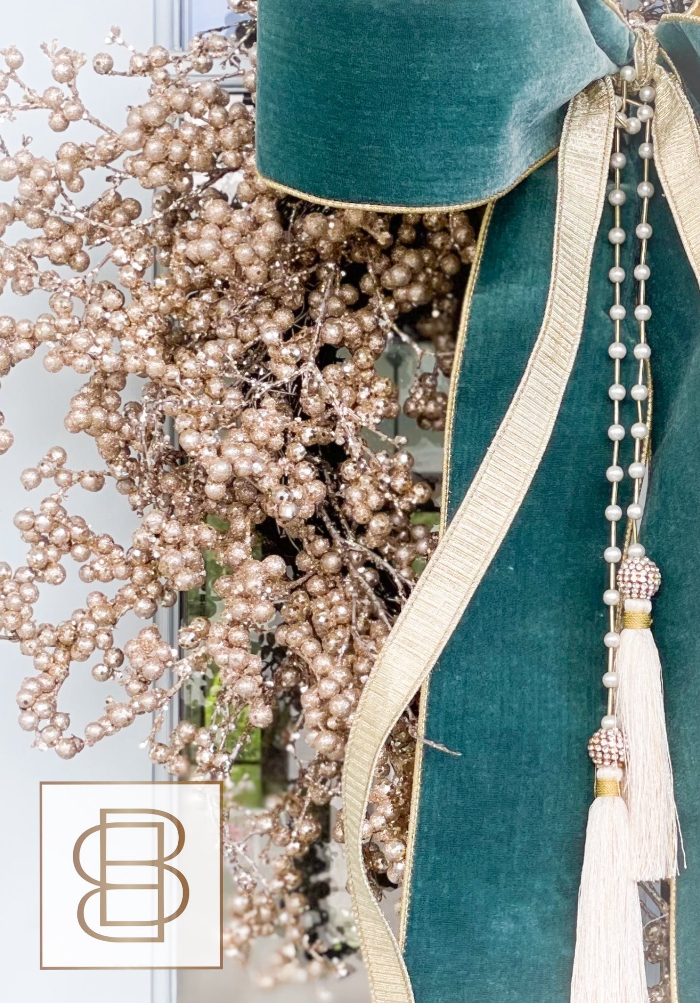 The Celadon  Noel Champagne Berry Wreath And Bow With Pearl Tassel