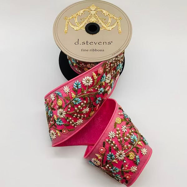 Dupion jewel floral appliqué, pink blue
