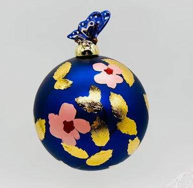 100mm hand-blown glass ball hand painted pink flowers ornament, royal blue