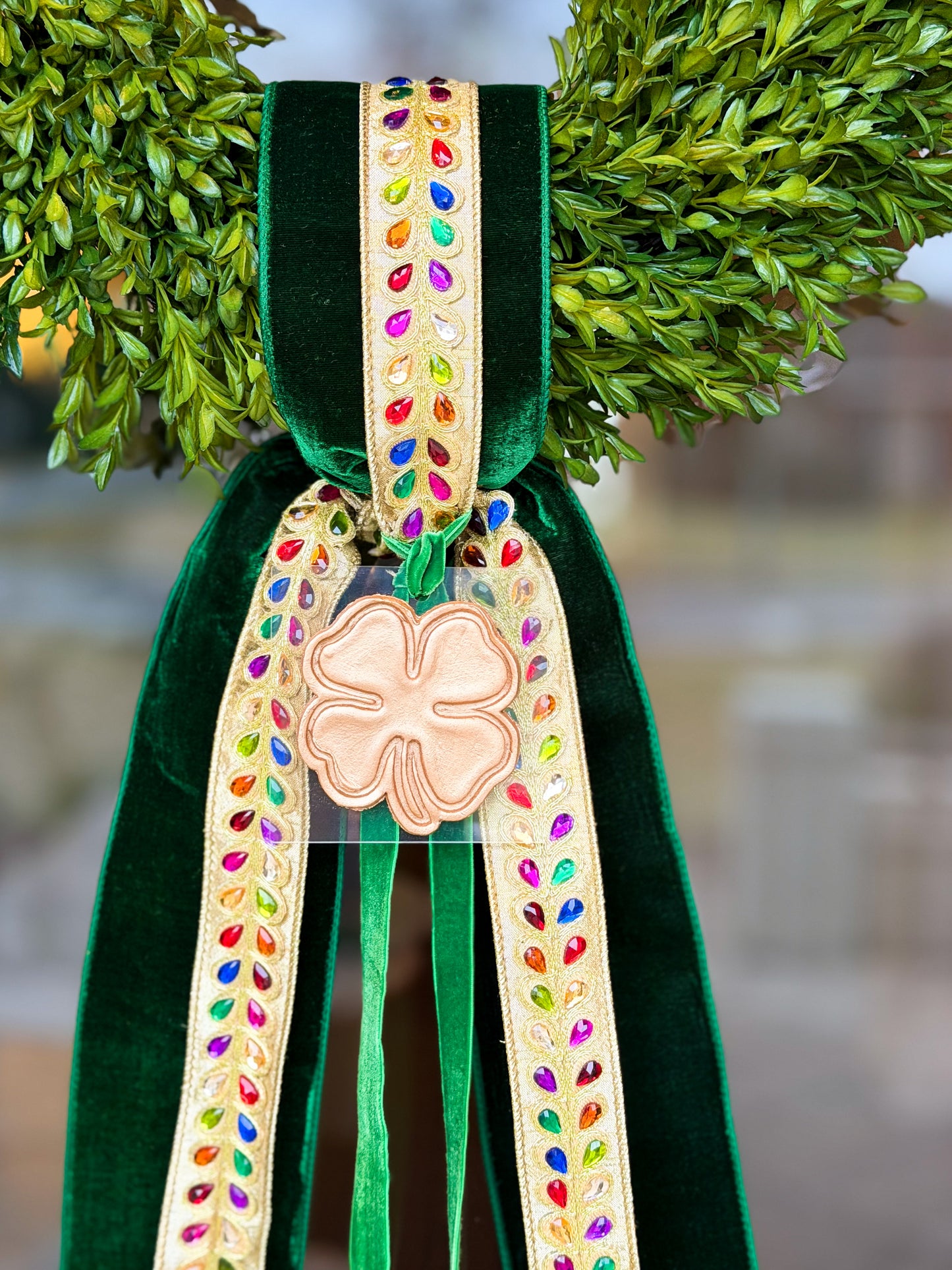 Emerald Jewel Clover Tea Leaf Wreath | Luxury St. Patrick’s Day Wreath with Jeweled Ribbon & Velvet Bow